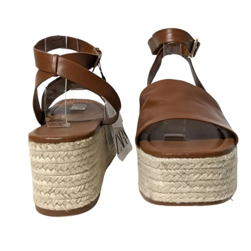 NWT ZARA Leather Ankle Wrap Platform Espadrilles 40